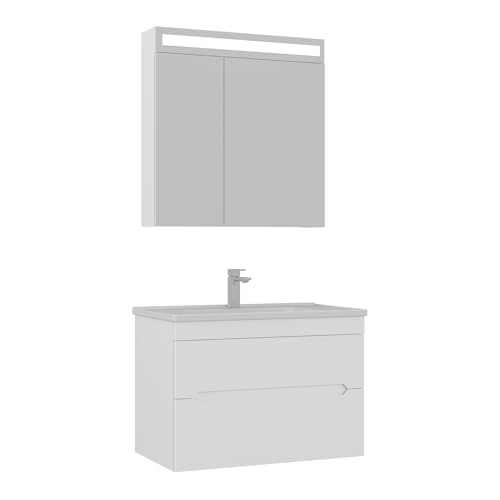 Orka Varna Badmöbel Set 80/100 cm – Waschbeckenunterschrank mit Keramik Waschbecken & LED Spiegelschrank – Modernes Badezimmermöbel Set, Matt Weiß/Matt Grau (Matt Weiß, 80) von Orka