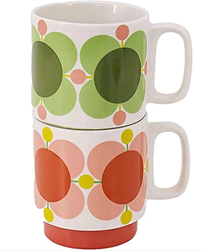 Orla Kiely Set mit 2 stapelbaren Tassen Atomic Flower Bubblegum & Basilikum in Geschenkbox von Orla Kiely