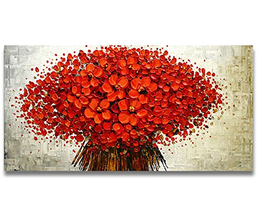 Orlco Art Oil Painting with red Cherry Leaves and Blue Trees, Hand Painted, Large Format, Abstract Art, Wall Decoration, Shovel, Structured Oil on Canvas, Canvas, red Flowers, 24x48 inches von Orlco Art