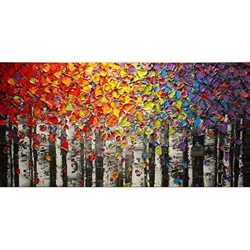 HANDBEMALT Landschaft abstrakt Palette Rainbow Birke Baum View Ölgemälde Leinwand Family Wandtattoo Wohnzimmer Art, Canvas, 24x48inch(60x120cm) von Orlco Art