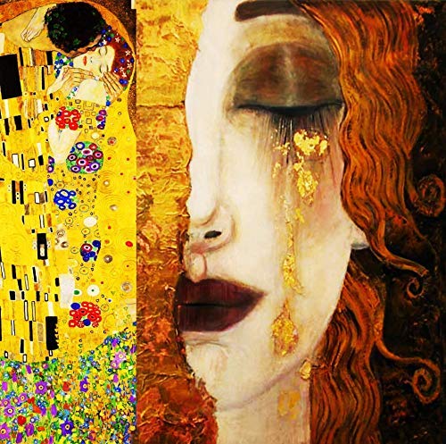 Orlco Art Gustav Klimt Goldene Tränen und Kuss Gemälde Druck Leinwand Wandkunst Druckbilder Berühmte Kunstwerke Dekoratives Gemälde Golden (Gold, 81,3 x 81,3 cm mit Rahmen) von Orlco Art