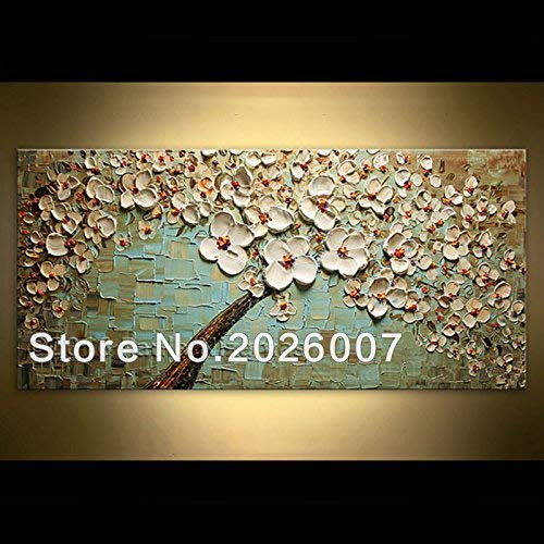 Orlco Art Handgemalte Landschaft Abstrakte Palette Messer Gemälde von Green Basic White Flower Painting Bilder Leinwand für Familienwand Wohnzimmer Kunst 24x48inch Ready to Hang von Orlco Art