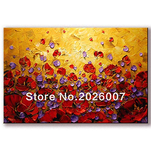 Orlco Art Ölgemälde auf Leinwand, Landschaft, abstrakt, mit gelbem Blick, rote Blumen, handbemalt, für Familie, Wohnzimmer, bunt, 61 x 122 cm, Canvas, bunt, 24x48inch(60x120cm) with The Frame von Orlco Art