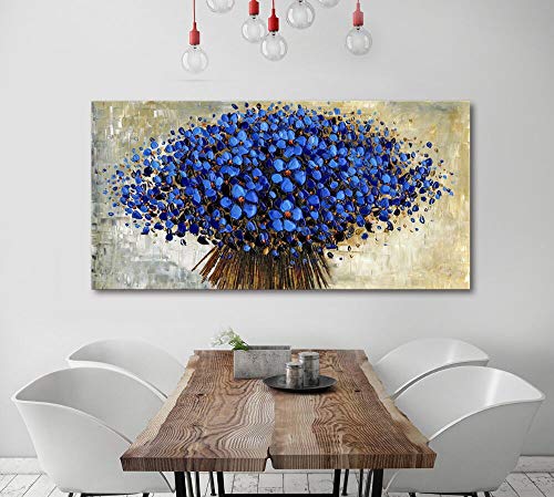 Orlco Art Ölgemälde mit blauem Kirschblütenblatt und blauem Baum, handbemalt, groß, abstrakte Kunst, Wanddekoration, Palettenmesser, strukturiert, Ölgemälde auf Leinwand, Blau, blau, 24x48inch von Orlco Art