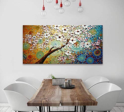 Orlco Art Ölgemälde mit blauem Kirschblütenblatt und blauem Baum, handbemalt, groß, abstrakte Kunst, Wanddekoration, Palettenmesser, strukturierte Ölgemälde auf Leinwand, Ölgemälde 24x48inch von Orlco Art