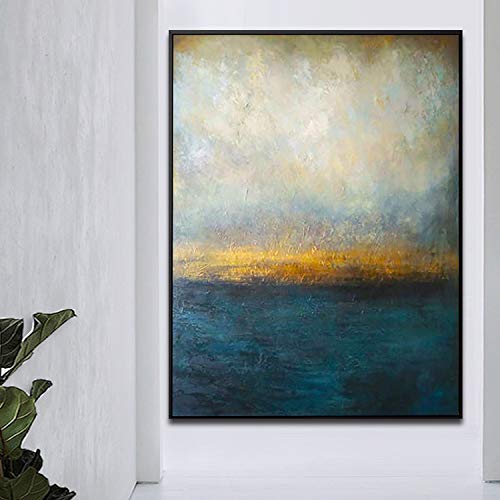 Orlco Art Original Handgemälde mit blauem Palettenmesser, Gold und Grün, großes Deko, Ölgemälde auf Leinwand, Blau und Weiß, Abstarct, 32x48inch(80x120cm) Mit Rahmen von Orlco Art