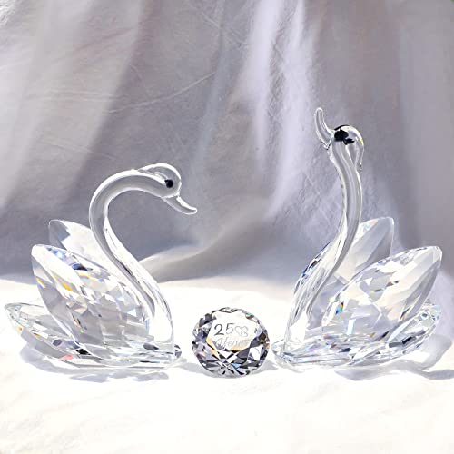 Doppelte Kristall-Schwäne, Ornamente, Hochzeitsgeschenke für Paare, Glas-Tierfiguren, Sammlerstücke mit silberfarbenem Diamant, 25. Jahrestag, Hochzeit, Geschenke für Eltern (25 Jahre, transparent) von Ornalrist