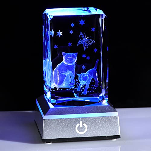 Katzengeschenke für Katzenliebhaber, Kristall, 3D-Katzen mit Schmetterlingsfigur, Katzenmotiv, Geschenke für Frauen und Männer, Glas-Andenken-Ornamente mit buntem LED-Licht, Geburtstag für Freunde von Ornalrist