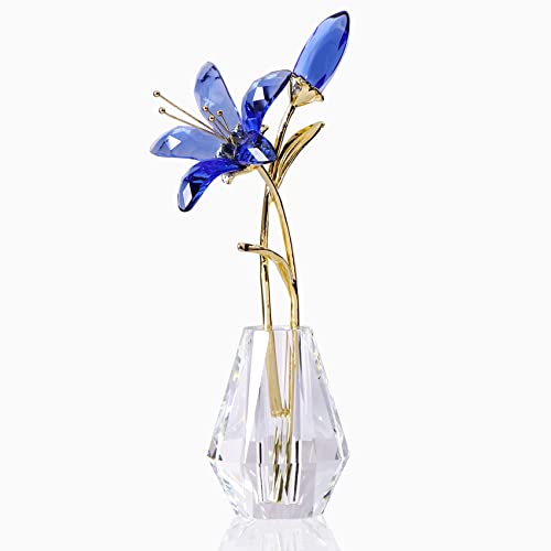 Kristall-Blumenfigur Lilienblume Sammlerstück Geschenke für Frauen, Glas Lilium mit Kristallvase Metallstiel für Zuhause Hochzeit Party Dekor (blau) von Ornalrist