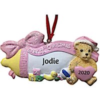 Babys Erste Weihnachtsverzierung - Neue Baby-Mädchen Personalisierte Rosa Babyflasche Mit Teddybär Und Herz-Verzierung von Ornaments247