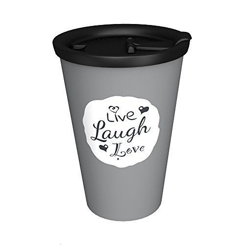 Ornamin Coffee to go Becher 400 ml "Live, Laugh, Love" grau, auslaufsicherer Deckel (Modell 1210 + 1214) / Kaffeebecher, nachhaltiger Mehrweg-Becher Kunststoff von Ornamin