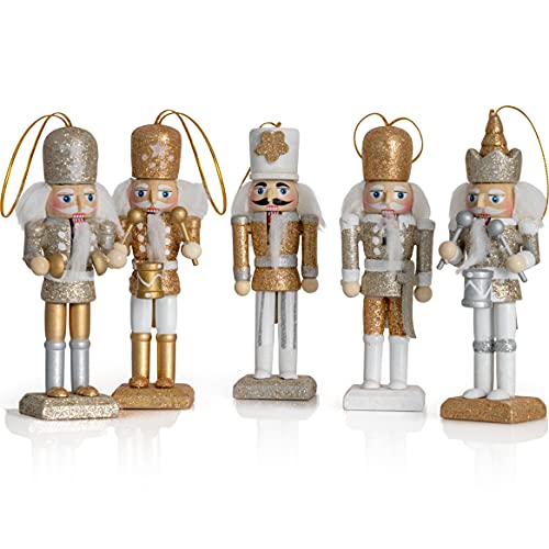 Ornativity Nussknacker Hängende Ornamente Figuren - Gold und Silber Glitzer Weihnachten Mini Holz König und Soldat Nussknacker Weihnachtsbaum Ornament Set - 5 Stück Ornativity Nussknacker Hängende Ornamente Figuren - Gold und Silber Glitzer Weihnachten Mini Holz König und Soldat Nussknacker Weihnachtsbaum Ornament Set - 5 Stück von Ornativity