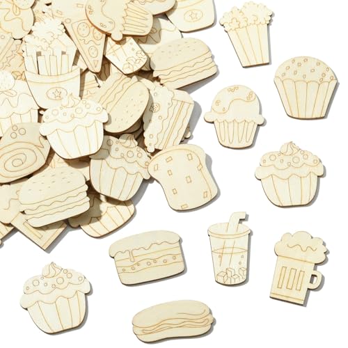Ornazy 100 Stück unlackierte Holzausschnitte für Brot, Kuchen, Pizza, Eis, Lebensmittel, Ornamente zum Bemalen für Bastelprojekte von Ornazy
