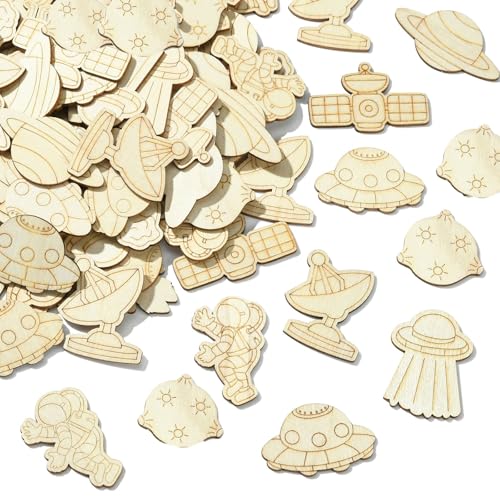 Ornazy 100 Stück unlackierte Holzscheiben mit Weltraumthema, Raumfahrer, Rakete, Raumschiff, Holzausschnitte für DIY, Malen, Basteln von Ornazy