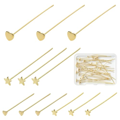 Ornazy 40 Stück Messing-Sternkopfnadeln in eleganter goldener Farbe, flache Herz-Perlennadeln für Schmuckherstellung, Bastelprojekte von Ornazy