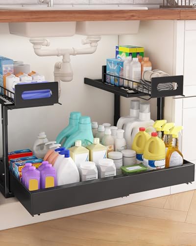 Ornestia spülenunterschrank Organizer,ausziehbarer Schrank Organizer mit ausziehbaren schubladen, höhe einstellbar 2 etagen ausziehbare schubladen für küchenschränke mit klebefolie,schwarz von Ornestia