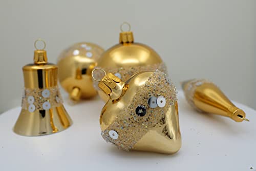 5er Set Dekoration aus mundgeblasenem und handverziertem Glas für Weihnachtsbaum, goldfarben von Ornex