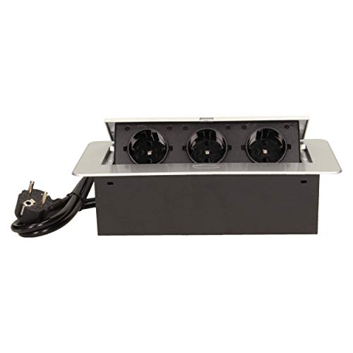 Orno OR-AE-1337(GS) Versenkbare Einbau Steckdosenleiste 3-fach || 2500W max || Anschlussfertig mit 1.5m Schukokabel (Silber) von Orno