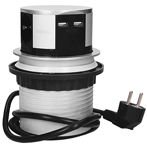 ORNO OR-AE-1342(GS) Versenkbare Einbau Steckdosenleiste 3-Fach + 2X USB Ladegerät 3680W, Ø10cm, Anschlussfertig mit 1,5m Schuko kabellänge von Orno