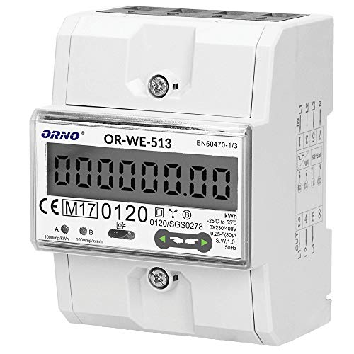 ORNO OR-WE-513 Stromzähler Hutschiene 3-Phasen-Anzeige des Stromverbrauchs mit MID Zertifikat, 0,25A – 80A, 3 x 230V/400V~, 50/60Hz, 1000 imp/kWh von Orno