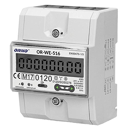 ORNO OR-WE-516 Stromzähler Hutschiene 3-Phasen-Anzeige des Stromverbrauchs mit MID Zertifikat, Modbus Kommunikationsprotokoll, 0,25A - 80A, 3 x 230V/400V, 50/60Hz, 1000 imp/kWh von Orno