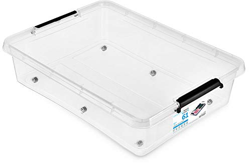 6 Stück - MOXOM ORPLAST SimpleStore Bedroller Box Mega mit Deckel/Clips/Rädern - 61 Liter - 76x57x18cm - transparent von Orplast