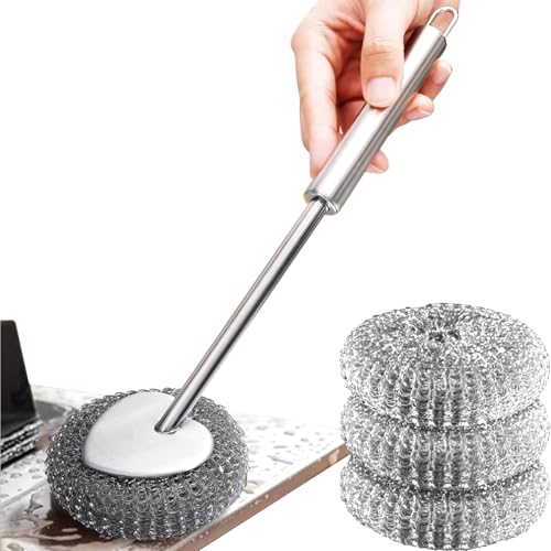 Topfreiniger mit Langem Griff aus Edelstahl, Langer Griff Reinigen von Geschirr rutschfeste Bürste, Schwämme für Geschirr, Pfannen, Töpfe （1 Spülbürste + 3 Stahlwolle） von Orrdiffi