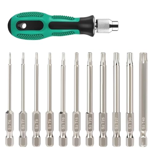 Orssmigs 12-teilig 1/4" 100mm Lang Sechskant Schaft Magnetische Sternschraubenzieher mit Griff T6-T40 Torx Schraubendreher Set, Torx Bit Set Lang Screwdriver S2 Stahl Torx Bits Satz Werkzeuge von Orssmigs