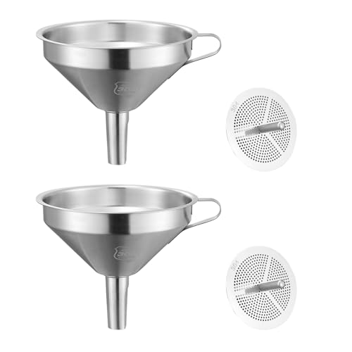 Orssmigs 2 Stück Edelstahl Trichter Küche 11cm Klein Trichter mit Sieb, Große Öffnung Marmeladentrichter, Einmachtrichter Abnehmbarem,Spülmaschinengeeignet für die Übertragung von Flüssigen,Kochölen von Orssmigs
