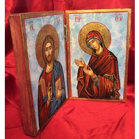 Handgemalte Theotokos Orthodoxen Diptychon & Christus Aus Holz Handgeschnitzt Symbol 26x20cm Ca von OrthodoxArtStore