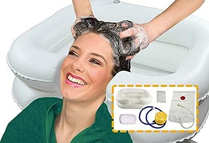 OrtoPrime Aufblasbarer Kopfwascher mit Abflussrohr - Tragbarer Friseurkopfwascher mit Luftpumpe - Mobiles Haarwaschbecken Zuhause - Aufblasbares haarwaschbecken für Bett und Stuhl - komplettes Set von OrtoPrime