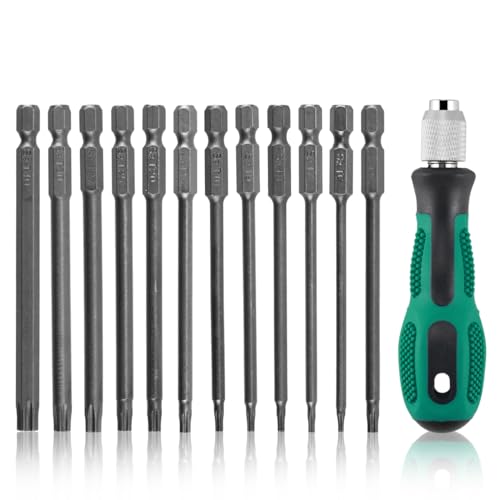 12 Stück Torx Schraubendreher Set mit Griff, 100mm T6-T40 Sternenkopf Schraubenziehe Set, Akkuschrauber Werkzeuge, T6/T7/T8/T9/T10/T15/T20/T25/T27/T30/T40 Elektrische Bits Set von Ortviai