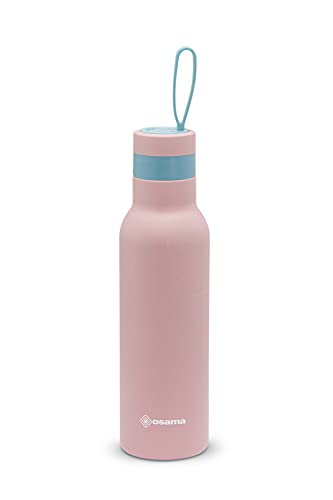 OSAMA – Antibakterielle Trinkflasche 500 ml aus Edelstahl und Silber – Wasserflasche für Fitnessstudio und Arbeit, 24h kalt und 12h heiß, luftdicht und rutschfest, 8 x8 x 24 cm, Hellblau/Rot von OSAMA