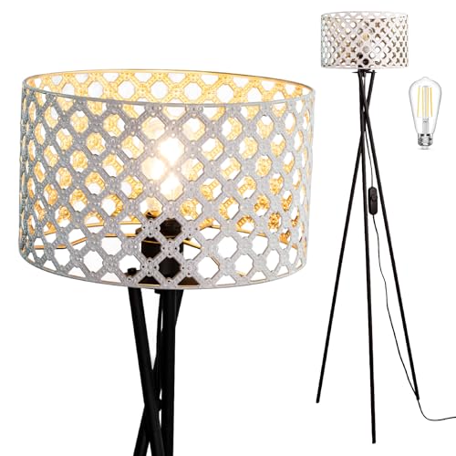 Osasy Moderne Stehlampe,LED Stehleuchte,dimmbar,mit Schwarz Metallstativ Stehleuchte, Dekorativer Weißgold Metall Lampenschirm Standleuchte,Höhenverstellbar Stehlampe von Osasy