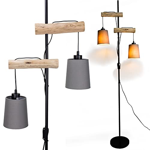 Osasy Stehlampe Vintage Stehleuchte Retro Holz & Metall,Wohnzimmer stehlampen mit Drucktaste,Augenschutz Lampenschirm 2 flamming E27 standlampe für Arbeitzimmer Schlafzimmer Büro (grau) von Osasy