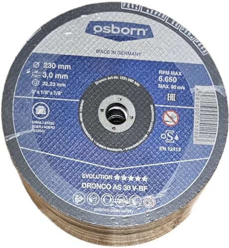 Osborn 1231965100 Evolution AS 30 V Handmetall Trennscheibe Edelstahl 230 mm Durchmesser x 3 mm Stärke x 22,23 mm Lochdurchmesser 6600 U/min 25 Stück von Osborn Dronco