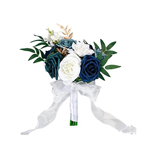 Oshhni Künstliche Blumen, Brautjungfern-Blumen, Blumenarrangements, handgefertigter Braut-Hochzeitsstrauß, rustikaler Stil für Brautparty, Jahrestag, Blau Weiss von Oshhni