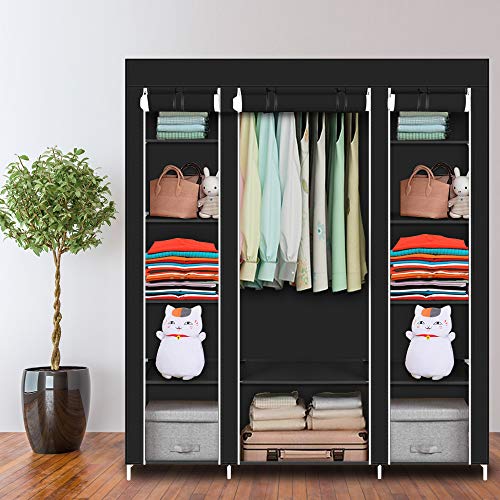 Oshion Kleiderschrank Faltschrank Stoffschrank Faltbare Garderobe Canvas mit Reißverschluss Stoffschrank Kleiderschrank mit Kleiderstange, Fächern (150 x 45 x 175 cm schwarz) von Oshion