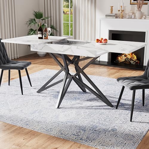 Oslghy Esstisch Ausziehbar, Küchentisch, 120-160×80cm Esszimmertisch Rechteckiger, Modern Ausziehbar Esstisch für Wohnzimmer und Esszimmer, Marmormaserung und Sternförmige Tischbeine (White) von Oslghy