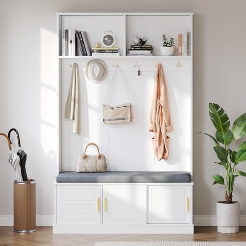 Oslghy Garderobenset Wandgarderobe, Garderoben Set mit Bank und Schuhschrank, Flurgarderobe Set mit 6 Hängenden Haken & Offenem Stauraum, Modern Kompaktgarderobe mit 3 Türen, 120x40x191 cm (Weiß-1) von Oslghy