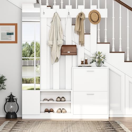 Oslghy Garderobenset Wandgarderobe, Garderoben Set mit Klapptüren Schuhschränken und Wandpaneelen, Garderobenständer mit 4 Kleiderhaken, Flurgarderobe Set mit Spiegel und Türen, Weiß, 135x25x180 cm Oslghy Garderobenset Wandgarderobe, Garderoben Set mit Klapptüren Schuhschränken und Wandpaneelen, Garderobenständer mit 4 Kleiderhaken, Flurgarderobe Set mit Spiegel und Türen, Weiß, 135x25x180 cm von Oslghy