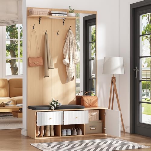 Oslghy Garderobenset Wandgarderobe, Garderoben Set mit Polster Schuhbank und Spiegel, Garderobenständer mit Kleiderhaken Regal und Schubladen, Modern Kompaktgarderoben Flurgarderobe Set, 120x40x200cm Oslghy Garderobenset Wandgarderobe, Garderoben Set mit Polster Schuhbank und Spiegel, Garderobenständer mit Kleiderhaken Regal und Schubladen, Modern Kompaktgarderoben Flurgarderobe Set, 120x40x200cm von Oslghy