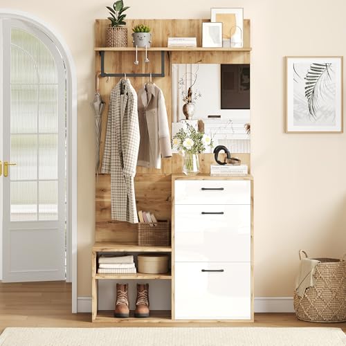 Oslghy Garderobenset Wandgarderobe, Garderoben Set mit Spiegel, Schuhbank und Schuhschrank, Garderobenständer mit Hängeschrankregal, Flurgarderobe Set mit Schublade, Natural, 100x38.5x190 cm Oslghy Garderobenset Wandgarderobe, Garderoben Set mit Spiegel, Schuhbank und Schuhschrank, Garderobenständer mit Hängeschrankregal, Flurgarderobe Set mit Schublade, Natural, 100x38.5x190 cm von Oslghy