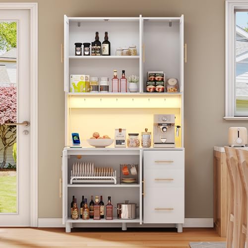 Oslghy Küchenschrank Hochschrank, Buffetschrank mit LED Lichter und 2 USB, 2 Steckdosen, Vorratsschrank Küche Hoch mit 3 Schubladen und Verstellbare Ablagen, 183cm Geschirrschrank Esszimmer (White) von Oslghy
