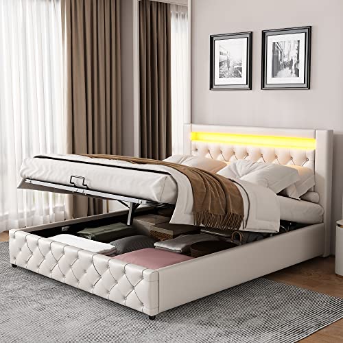 Oslghy Polsterbett Doppelbett 160x200 cm, Stauraumbett mit LED-Leuchten Kopfteil, Jugendbett Bett mit Stauraum Bettkasten, Hydraulisch Bettgestell mit Lattenrost aus Holz, Weiß, PU, ohne Matratze Oslghy Polsterbett Doppelbett 160x200 cm, Stauraumbett mit LED-Leuchten Kopfteil, Jugendbett Bett mit Stauraum Bettkasten, Hydraulisch Bettgestell mit Lattenrost aus Holz, Weiß, PU, ohne Matratze von Oslghy