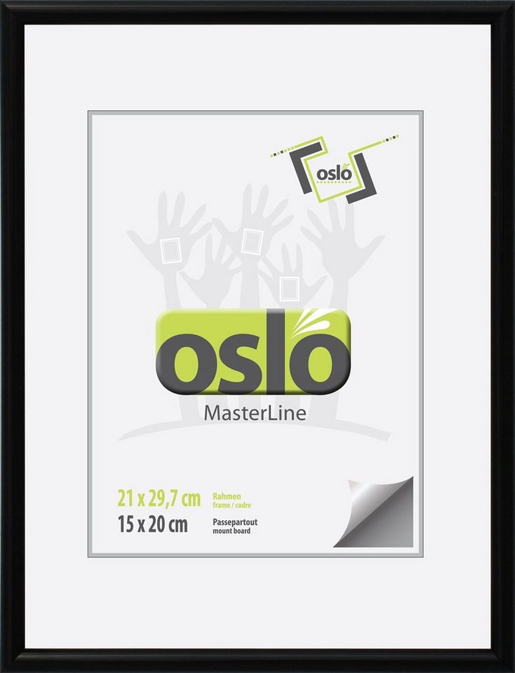 Oslo MasterLine Einzelrahmen Bilderrahmen 21 x 30 cm Din A4, Holz massiv, Echtglas, Urkundenformat, schwarz exakt A4 21x29,7 schmales Profil FSC mit stabilem Aufsteller von Oslo MasterLine