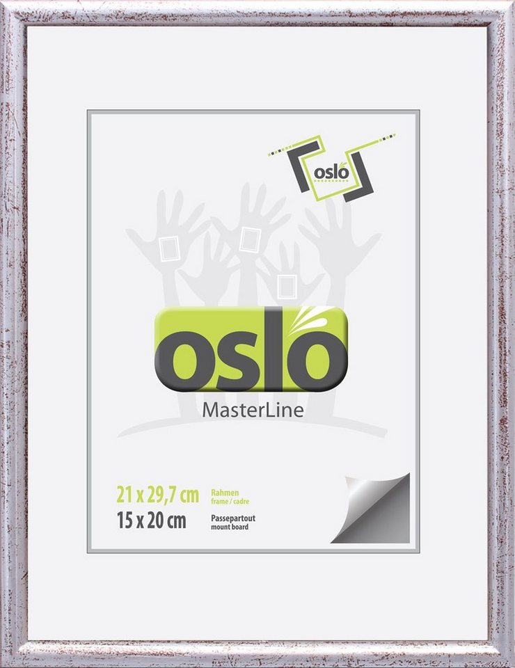 Oslo MasterLine Einzelrahmen Bilderrahmen 21 x 30 cm Din A4, Holz massiv, Echtglas, Urkundenformat, silber exakt A4 21x29,7 schmales Profil FSC mit stabilem Aufsteller von Oslo MasterLine