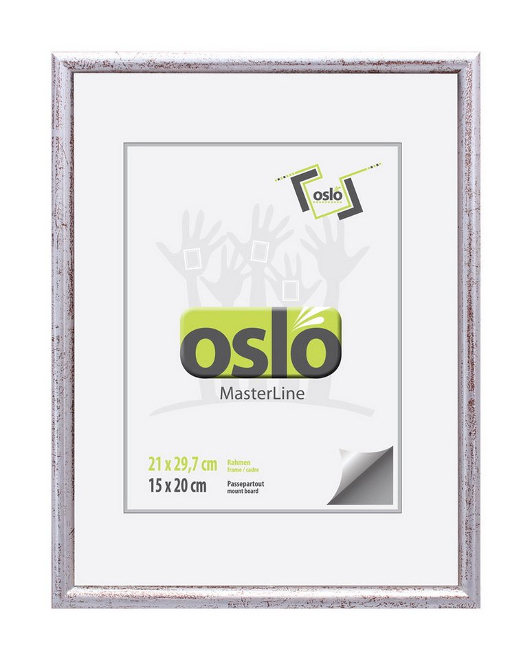 Oslo MasterLine Einzelrahmen Bilderrahmen 21 x 30 cm Din A4, Holz massiv, Echtglas, Urkundenformat, silber exakt A4 21x29,7 schmales Profil FSC mit stabilem Aufsteller von Oslo MasterLine