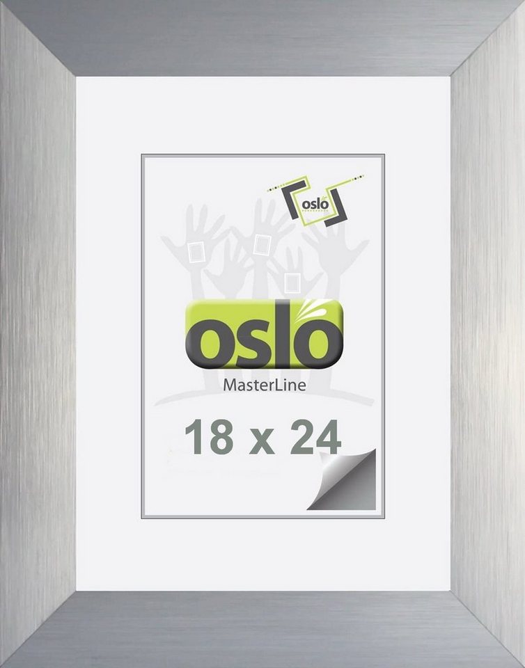 Oslo MasterLine Einzelrahmen Bilderrahmen Aluminium gebürstet 3 cm breit Echtglas Drehspannfedern, Rahmenfarbe silber matt Format 18x24 cm mit stabilem Aufsteller von Oslo MasterLine