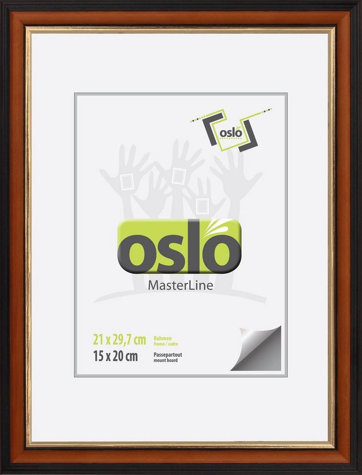 Oslo MasterLine Einzelrahmen Bilderrahmen Holz massiv FSC Echtglasscheibe Drehspannfedern, Format 21x29,7 Rahmenfarbe braun-gold stabiler Aufsteller von Oslo MasterLine